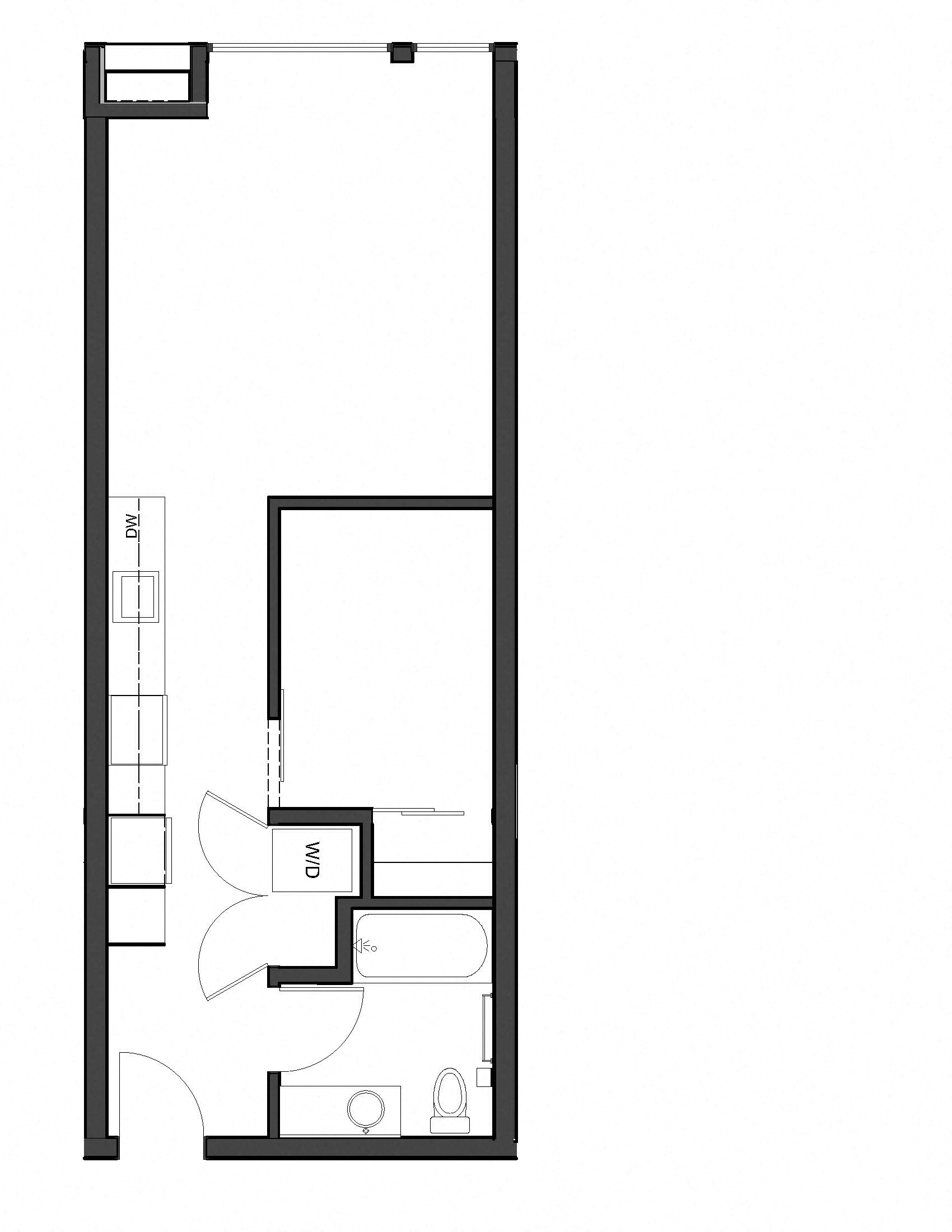 Floor plan for 1 bed, 1 bath, 573 sqft